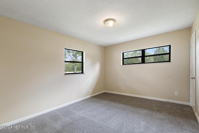 unfurnished room with a textured ceiling, a healthy amount of sunlight, and carpet floors