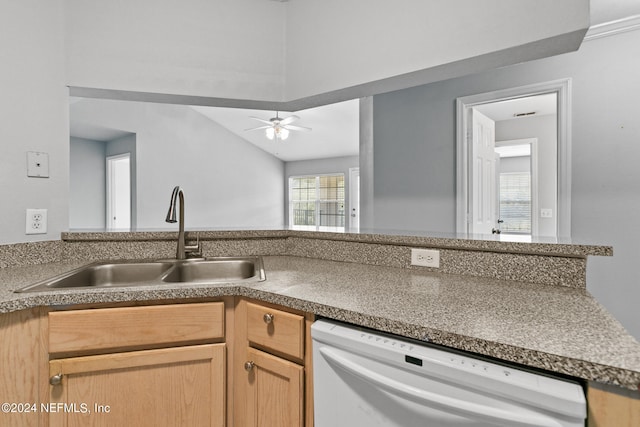 kitchen with white dishwasher, a ceiling fan, vaulted ceiling, and a sink