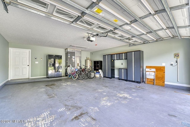 garage with black fridge with ice dispenser, water heater, and a garage door opener