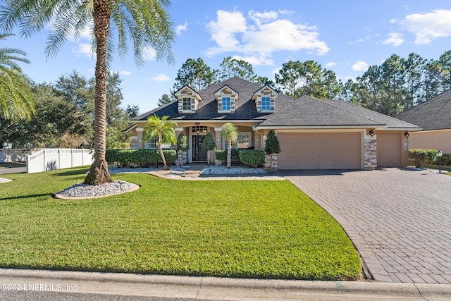 view of front of property featuring covered porch, a front yard, and a garage