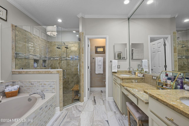 bathroom with plus walk in shower, a textured ceiling, vanity, and ornamental molding