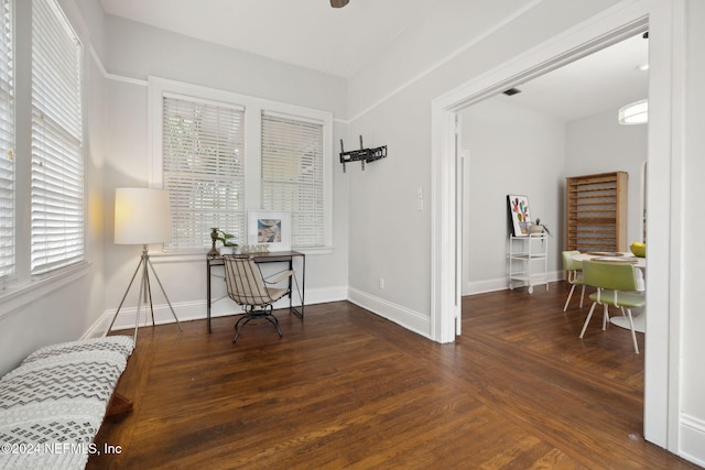 office with dark wood-type flooring