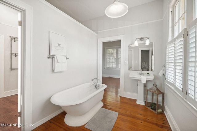 bathroom featuring hardwood / wood-style flooring, a bathing tub, and crown molding