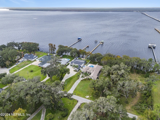 drone / aerial view with a water view