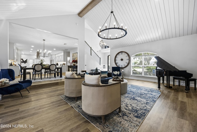 living room featuring beamed ceiling, dark hardwood / wood-style flooring, high vaulted ceiling, and wood ceiling