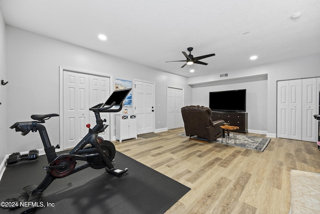 exercise area featuring light hardwood / wood-style floors and ceiling fan