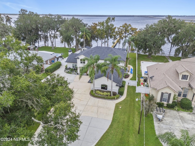 drone / aerial view with a water view