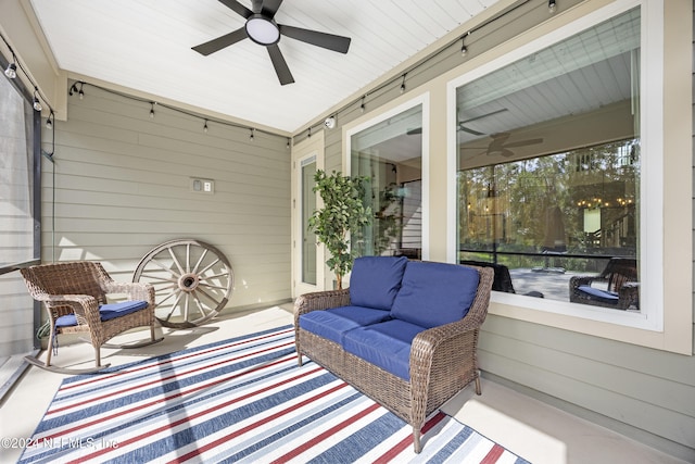 exterior space with an outdoor hangout area and ceiling fan