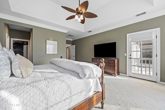 bedroom with ceiling fan, light colored carpet, crown molding, and access to outside