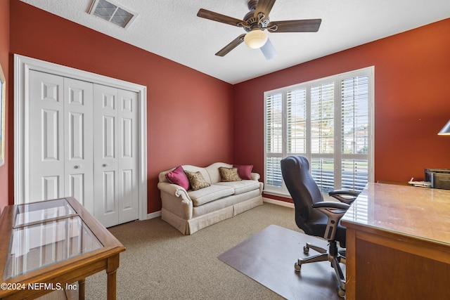 carpeted office with a textured ceiling, a wealth of natural light, and ceiling fan