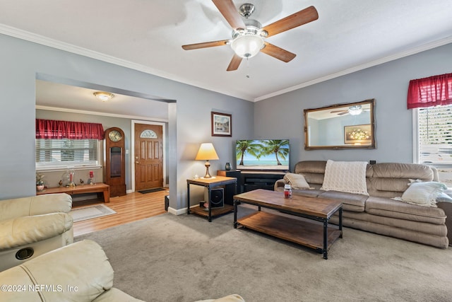 living room featuring hardwood / wood-style floors and crown molding