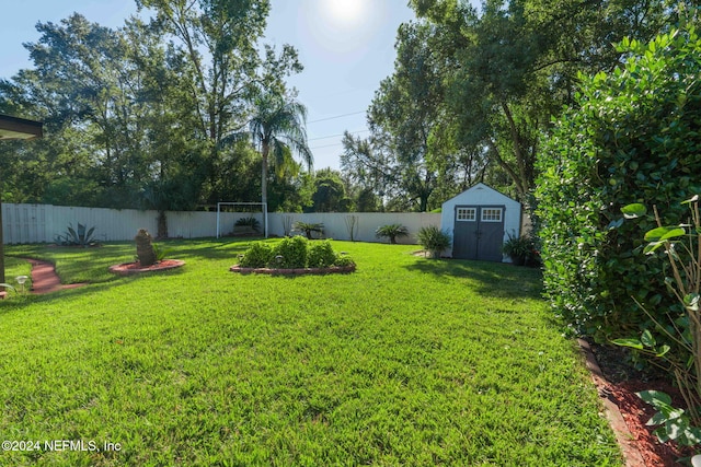 view of yard featuring a storage shed