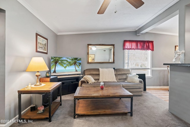 living room with crown molding, ceiling fan, lofted ceiling with beams, and hardwood / wood-style flooring