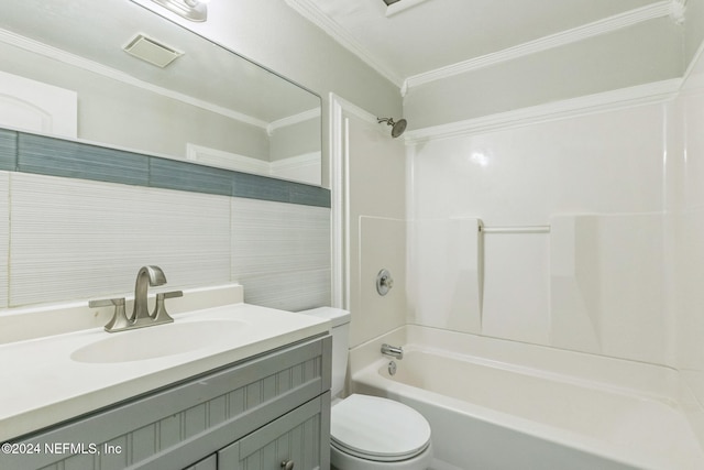 full bathroom with vanity, toilet, shower / washtub combination, and crown molding