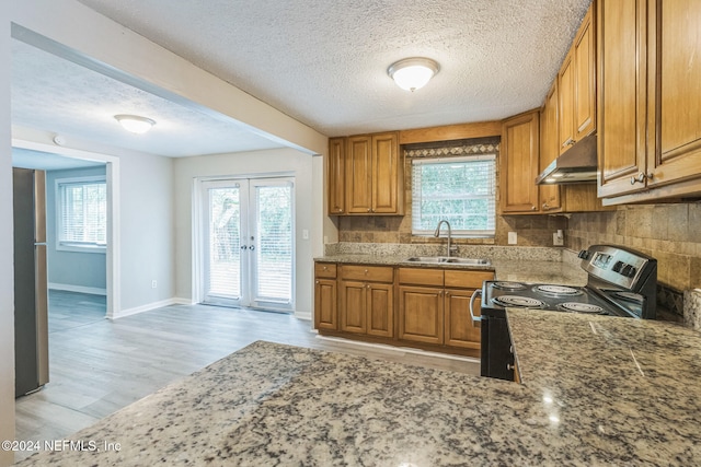 kitchen featuring sink, french doors, light hardwood / wood-style flooring, backsplash, and stainless steel range with electric cooktop