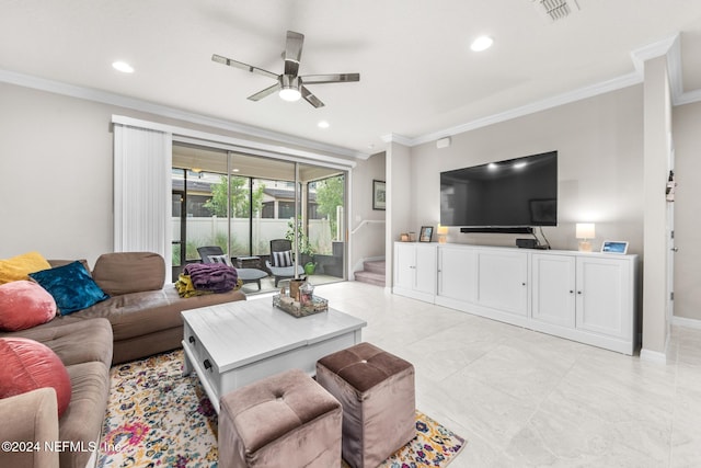 living room featuring ceiling fan and crown molding