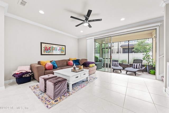 tiled living room with ceiling fan and ornamental molding