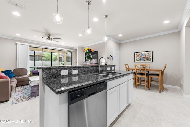 kitchen featuring dark stone counters, white cabinetry, sink, dishwasher, and a kitchen island with sink