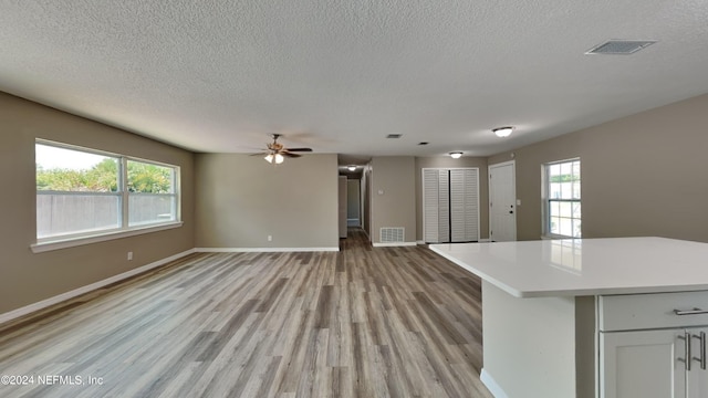 unfurnished living room featuring light hardwood / wood-style floors, plenty of natural light, and a textured ceiling