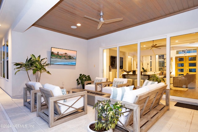 interior space with wood ceiling and ornamental molding