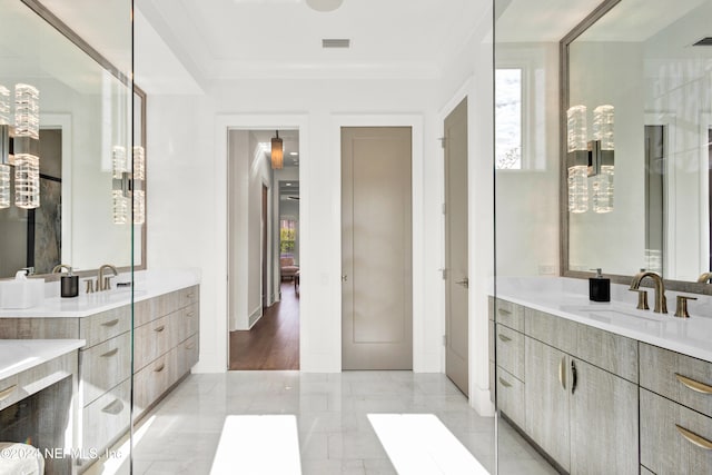 bathroom featuring crown molding, hardwood / wood-style floors, and vanity