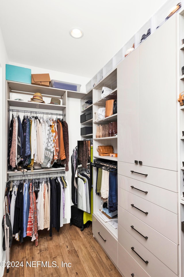 walk in closet with hardwood / wood-style floors