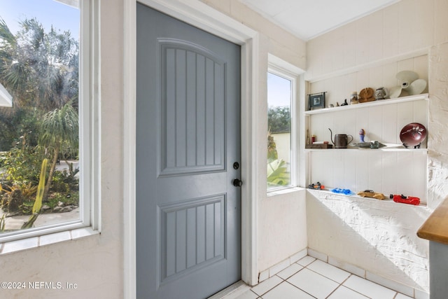 doorway with light tile patterned floors and a wealth of natural light