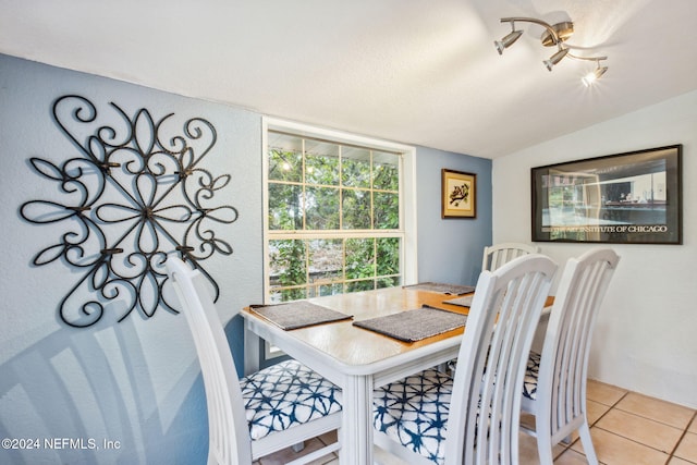 tiled dining room with vaulted ceiling