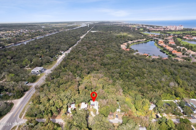 birds eye view of property featuring a water view and a view of trees