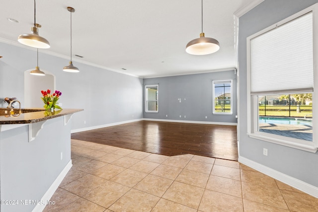 unfurnished living room with crown molding and light hardwood / wood-style flooring