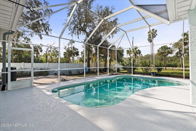 view of swimming pool with a lanai and a patio area