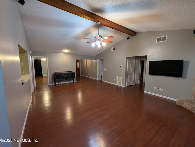 unfurnished living room featuring lofted ceiling with beams, ceiling fan, a textured ceiling, and dark hardwood / wood-style flooring