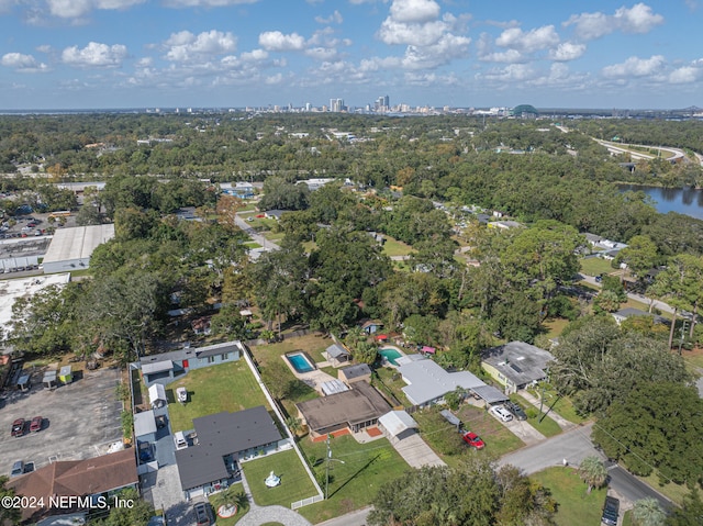 bird's eye view with a water view