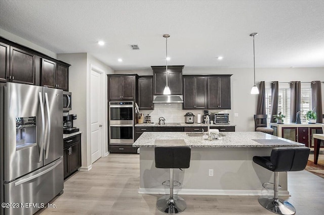 kitchen with an island with sink, a breakfast bar area, pendant lighting, and appliances with stainless steel finishes