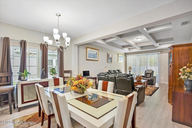 dining room with light wood-type flooring, plenty of natural light, beamed ceiling, and coffered ceiling