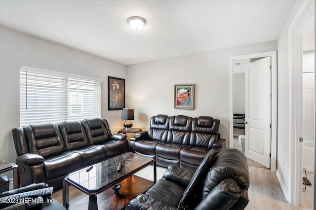 living room with a textured ceiling and light hardwood / wood-style flooring