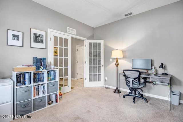 office featuring carpet and french doors