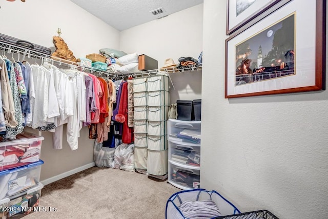 walk in closet with light carpet