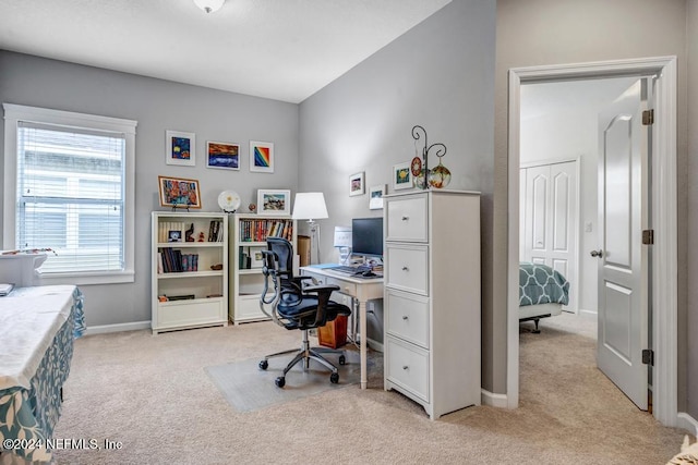 office area featuring light colored carpet