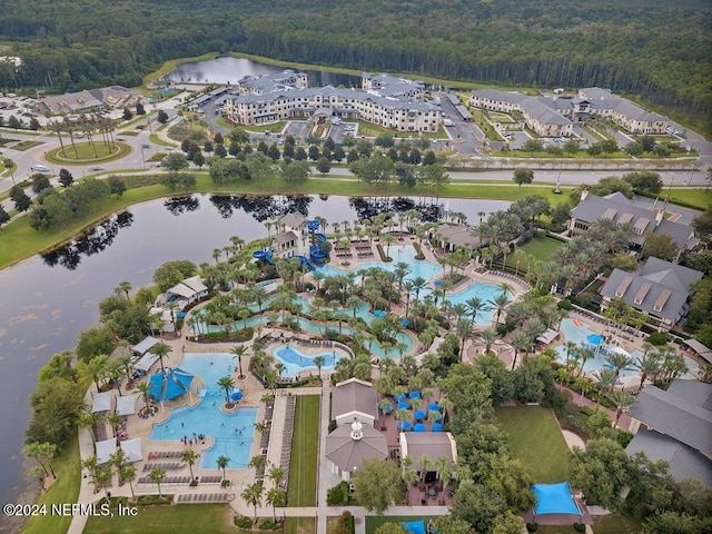 drone / aerial view featuring a water view