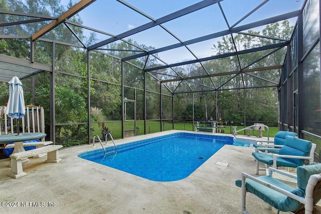 view of swimming pool with a lanai and a patio area