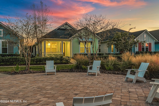 back house at dusk with a patio