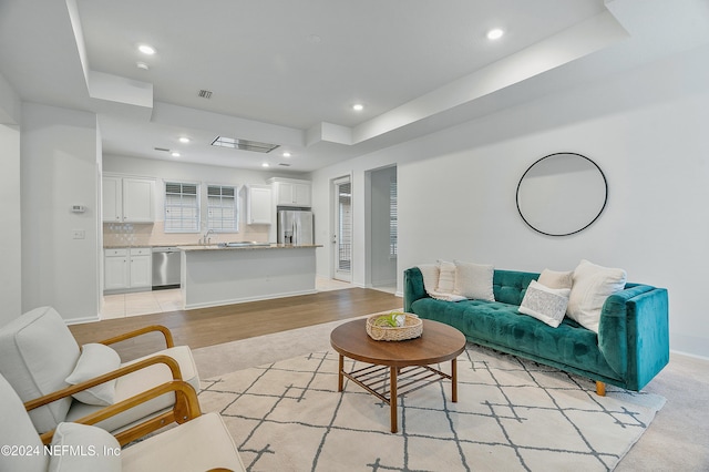 living room featuring light wood-type flooring and a raised ceiling