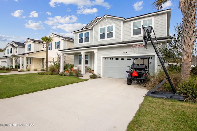 view of front of property with a porch, a front yard, and a garage