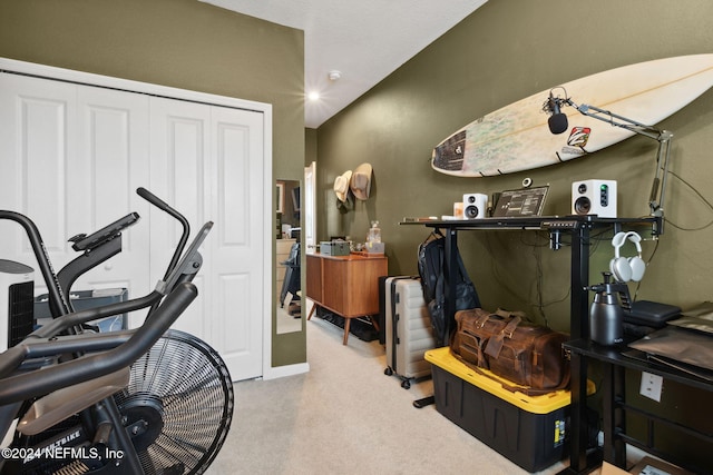 workout room featuring light carpet