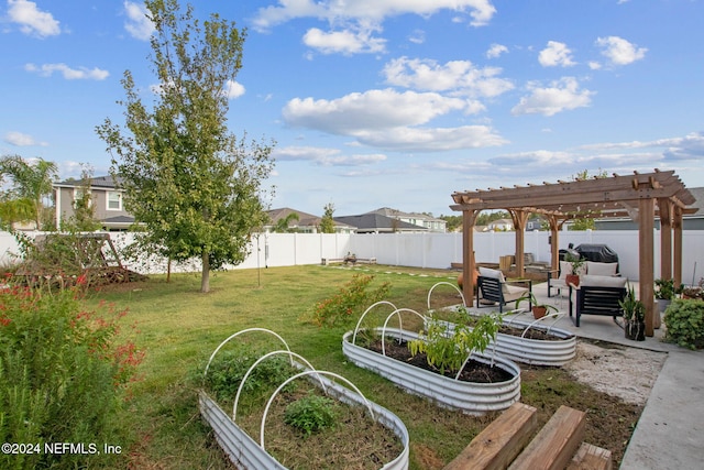 view of yard with an outdoor living space, a pergola, and a patio