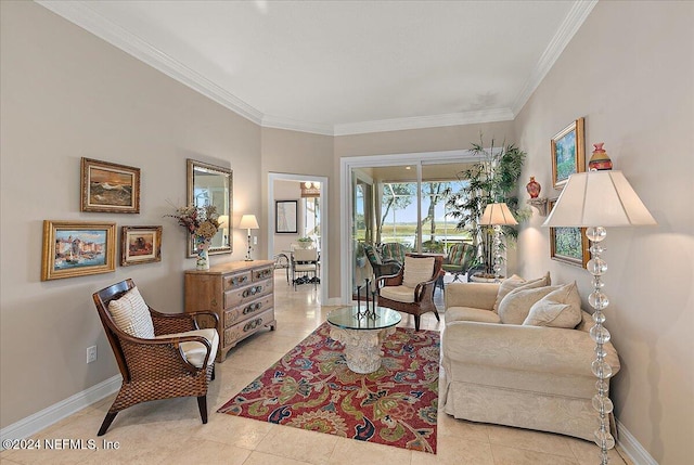 living room with light tile patterned flooring and crown molding