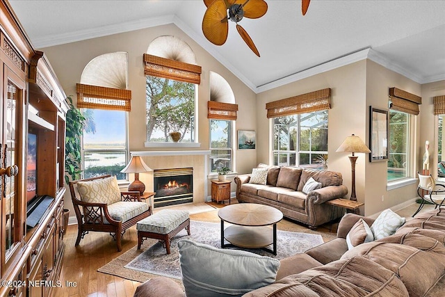 living room featuring wood-type flooring, vaulted ceiling, ceiling fan, and crown molding