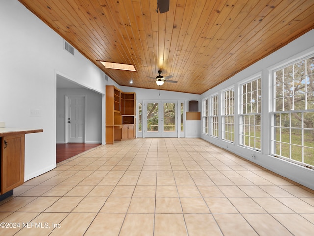 unfurnished sunroom with lofted ceiling with skylight, ceiling fan, wooden ceiling, and a healthy amount of sunlight