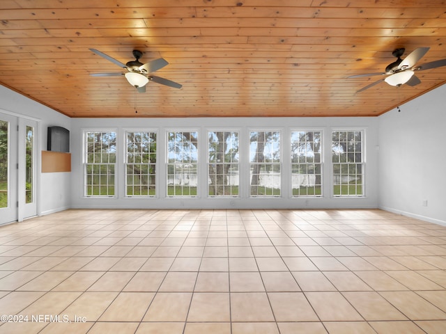 unfurnished sunroom with vaulted ceiling, wooden ceiling, and ceiling fan